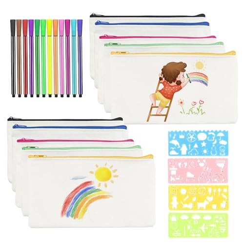 Megcdtr DIY Blanko Stoffbeutel, 10 Stück Leinwand Federmäppchen zum Bemalen mit 12 Buntstift 4 DIY Malschablonen und Haftnotizen, Stoff Federmäppchen für Schreibwaren Kleinigkeiten(21 x 12 cm) von Megcdtr