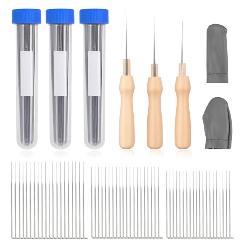 60 STK Filznadeln zum Trockenfilzen, Filznadeln Set, Filz Nadel in 3 Größen, Nadelfilz Set für Anfänger Filzstich Stanzwerkzeug, mit 3 Holz Filznadelgriff, 3 Flasche, 1 Paar Fingerlinge von MeiHongJiaYe