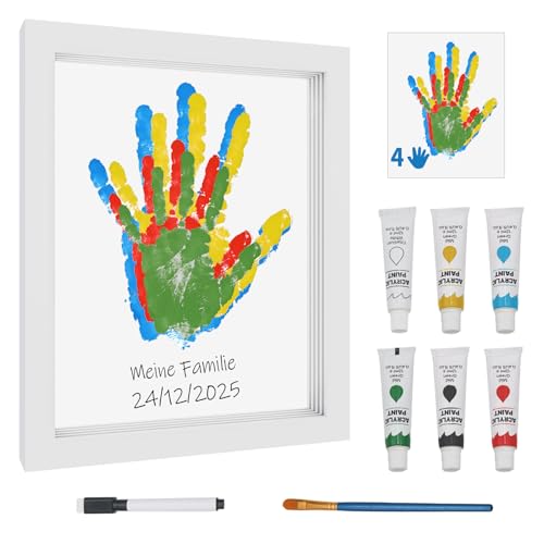 MeiKYing Handabdruck Set, Abdruckset Baby Fussabdruck Set, Transparent Holzrahmen Zum Basteln DIY Familien Handabdruck und Fußabdruck Set mit Platz für 4, Andenken Geschenke für Paare, Weiß von MeiKYing