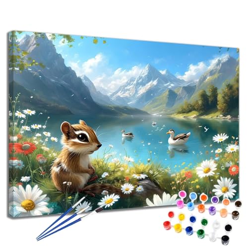 Malen Nach Zahlen Erwachsene Eichhörnchen Malen Nach Zahlen Blume Groß Format 70x90 cm Handgemalt Ölgemälde, DIY Paint by Numbers Kit Pinseln und Acrylfarbe, Bastelset Als Geschenk für Frauen 2W-258 von Meiaiao