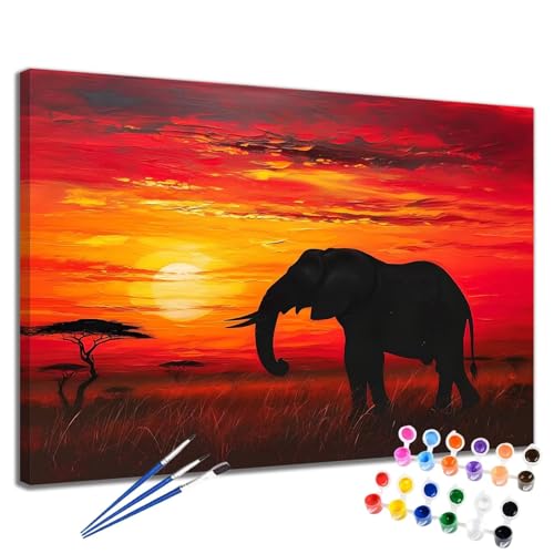 Malen Nach Zahlen Erwachsene Elefant Malen Nach Zahlen Sonnenuntergang Groß Format 70x90cm Handgemalt Ölgemälde,DIY Paint by Numbers Kit Pinseln und Acrylfarbe,Bastelset Als Geschenk für Frauen 2W-212 von Meiaiao