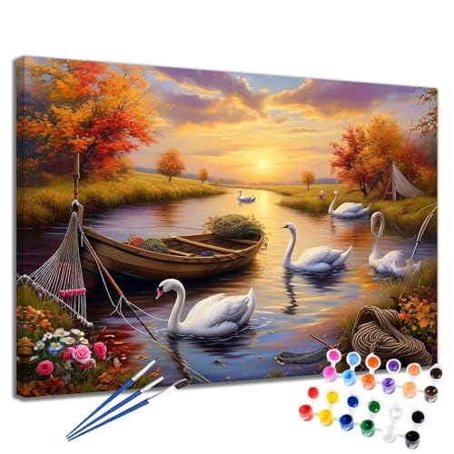 Malen Nach Zahlen Erwachsene Herbst Malen Nach Zahlen Schwan Groß Format 70x90 cm Handgemalt Ölgemälde, DIY Paint by Numbers Kit Pinseln und Acrylfarbe, Bastelset Als Geschenk für Frauen 2W-250 von Meiaiao