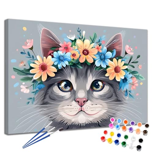 Malen Nach Zahlen Erwachsene Katze Malen Nach Zahlen Blume Groß Format 70x90 cm Handgemalt Ölgemälde, DIY Paint by Numbers Kit Pinseln und Acrylfarbe, Kreativ Bastelset Als Geschenk für Frauen 2W-218 von Meiaiao