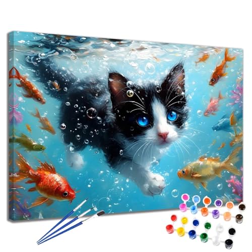 Malen Nach Zahlen Erwachsene Katze Malen Nach Zahlen Fisch Groß Format 70x90 cm Handgemalt Ölgemälde, DIY Paint by Numbers Kit Pinseln und Acrylfarbe, Kreativ Bastelset Als Geschenk für Frauen 2W-273 von Meiaiao