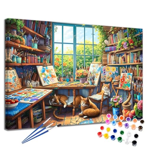 Malen Nach Zahlen Erwachsene Katze Malen Nach Zahlen Landschaft Groß Format 50x65 cm Handgemalt Ölgemälde, DIY Paint by Numbers Kit Pinseln und Acrylfarbe, Bastelset Als Geschenk für Frauen 2W-280 von Meiaiao