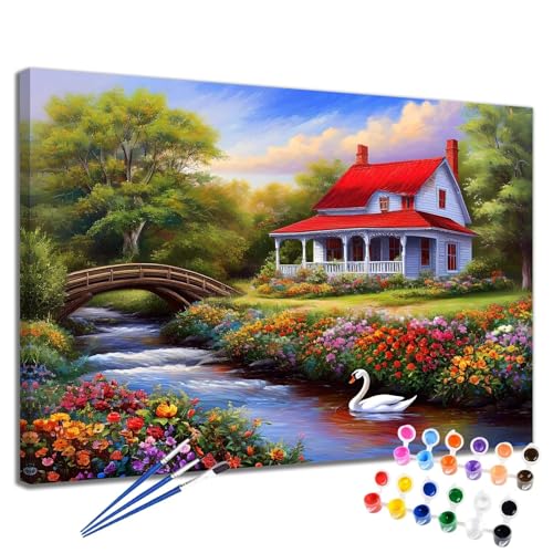Malen Nach Zahlen Erwachsene Landschaft Malen Nach Zahlen Brücke Groß Format 50x65 cm Handgemalt Ölgemälde, DIY Paint by Numbers Kit Pinseln und Acrylfarbe, Bastelset Als Geschenk für Frauen 2W-242 von Meiaiao