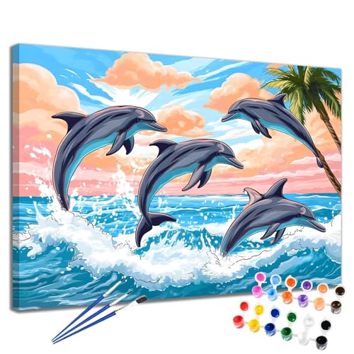 Malen Nach Zahlen Erwachsene Meer Malen Nach Zahlen Delphin Groß Format 50x65 cm Handgemalt Ölgemälde, DIY Paint by Numbers Kit Pinseln und Acrylfarbe, Kreativ Bastelset Als Geschenk für Frauen 2W-268 von Meiaiao