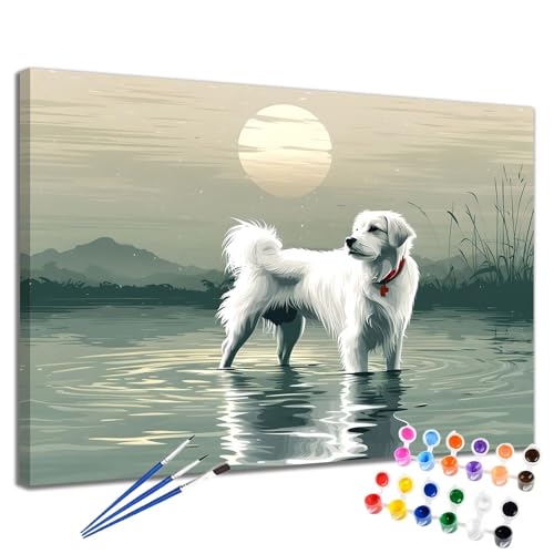 Malen Nach Zahlen Erwachsene Mond Malen Nach Zahlen Hund Groß Format 70x90 cm Handgemalt Ölgemälde, DIY Paint by Numbers Kit 3-Pinseln und Acrylfarbe, Kreativ Bastelset Als Geschenk für Frauen 2W-199 von Meiaiao