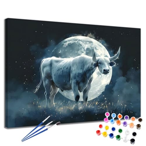 Malen Nach Zahlen Erwachsene Ochse Malen Nach Zahlen Mond Groß Format 70x90 cm Handgemalt Ölgemälde, DIY Paint by Numbers Kit 3-Pinseln und Acrylfarbe, Kreativ Bastelset Als Geschenk für Frauen 2W-240 von Meiaiao