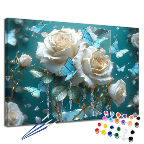 Malen Nach Zahlen Erwachsene Rose Malen Nach Zahlen Schmetterling Groß Format 70x90 cm Handgemalt Ölgemälde, DIY Paint by Numbers Kit Pinseln und Acrylfarbe, Bastelset Als Geschenk für Frauen 2W-289 von Meiaiao