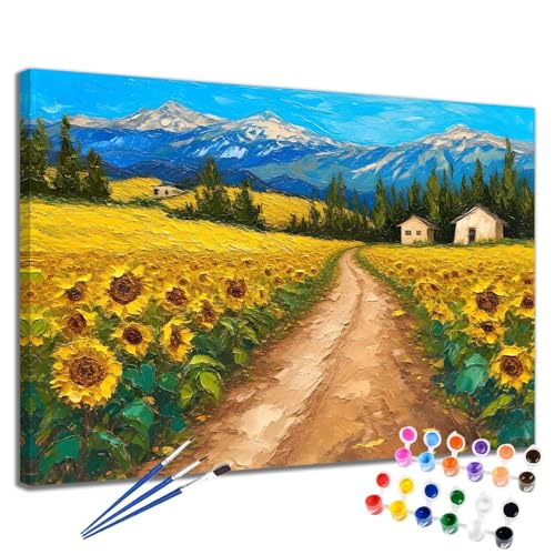 Malen Nach Zahlen Erwachsene Sonnenblume Malen Nach Zahlen Landschaft Groß Format 70x90cm Handgemalt Ölgemälde,DIY Paint by Numbers Kit Pinseln und Acrylfarbe,Bastelset Als Geschenk für Frauen 2W-288 von Meiaiao