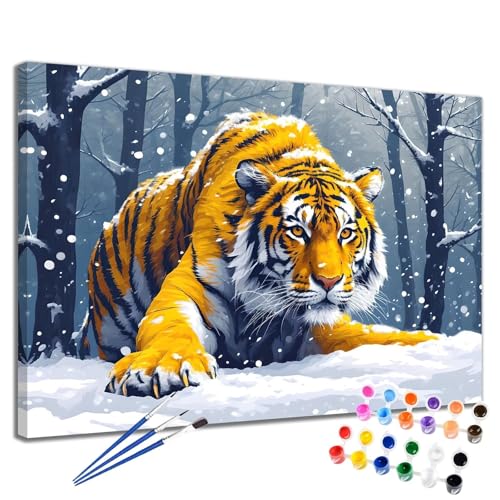 Malen Nach Zahlen Erwachsene Tiger Malen Nach Zahlen Winter Groß Format 70x90 cm Handgemalt Ölgemälde, DIY Paint by Numbers Kit Pinseln und Acrylfarbe, Kreativ Bastelset Als Geschenk für Frauen 2W-293 von Meiaiao