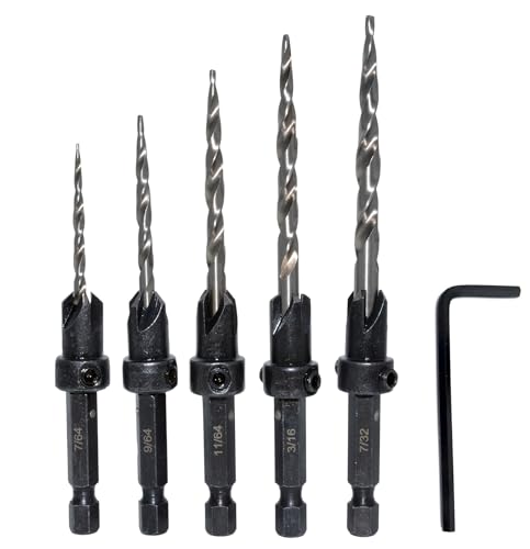 Meichoon Kegelsenker-Bohrer-Set, 5-teilig, Sechskantschaft, 3-in-1, Holz-Pilot-Bits, Bohren 7/64, 9/64, 11/64, 3/16, 7/32, Schraubenlöcher mit verstellbarem Tiefenanschlag, Schnellspanner, 1 Meichoon Kegelsenker-Bohrer-Set, 5-teilig, Sechskantschaft, 3-in-1, Holz-Pilot-Bits, Bohren 7/64, 9/64, 11/64, 3/16, 7/32, Schraubenlöcher mit verstellbarem Tiefenanschlag, Schnellspanner, 1 von Meichoon