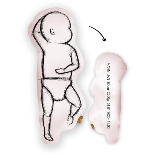 Mein Babykissen Personalisiertes Geburtskissen im 1:1 Maßstab | Mit Namen für Neugeborene | Erinnerungen in Originalgröße Jungen Mädchen (Dusty Rose, 1:1 Maßstab mit Gewicht, Scribble Three) von Mein Babykissen
