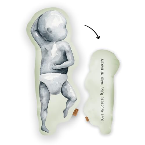 Mein Babykissen Personalisiertes Geburtskissen im 1:1 Maßstab | Mit Namen für Neugeborene | Erinnerungen in Originalgröße Jungen Mädchen (Pastel Green, 1:1 Maßstab mit Gewicht, Watercolor Three) von Mein Babykissen