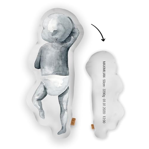 Mein Babykissen Personalisiertes Geburtskissen zur Geburt im 1:1 Maßstab | Mit Namen für Neugeborene | Erinnerungen in Originalgröße Jungen Mädchen (Moon Grey, 1:1 Maßstab mit Gewicht, Watercolor Two) von Mein Babykissen