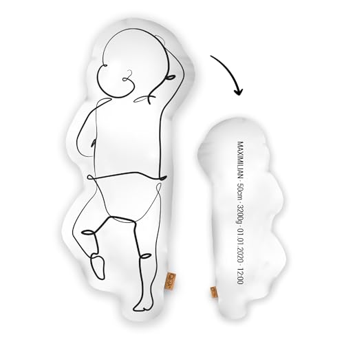 Mein Babykissen Personalisiertes Geburtskissen zur Geburt im 1:1 Maßstab | Mit Namen für Neugeborene | Erinnerungen in Originalgröße Jungen Mädchen (Original, 1:1 Maßstab mit Gewicht, Line Two) von Mein Babykissen
