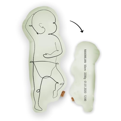 Mein Babykissen Personalisiertes Geburtskissen zur Geburt im 1:1 Maßstab | Mit Namen für Neugeborene | Erinnerungen in Originalgröße Jungen Mädchen (Pastel Green, 1:1 Maßstab mit Gewicht, Line Three) von Mein Babykissen