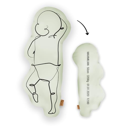 Mein Babykissen Personalisiertes Geburtskissen zur Geburt im 1:1 Maßstab | Mit Namen für Neugeborene | Erinnerungen in Originalgröße Jungen Mädchen (Pastel Green, 1:1 Maßstab mit Gewicht, Line Two) von Mein Babykissen