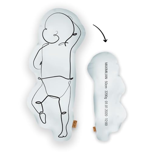 Mein Babykissen Personalisiertes Geburtskissen zur Geburt im 1:1 Maßstab | Mit Namen für Neugeborene | Erinnerungen in Originalgröße Jungen Mädchen (Sky Blue, 1:1 Maßstab mit Gewicht, Line Two) von Mein Babykissen