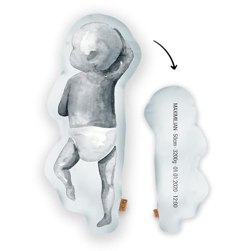Mein Babykissen Personalisiertes Geburtskissen zur Geburt im 1:1 Maßstab | Mit Namen für Neugeborene | Erinnerungen in Originalgröße Jungen Mädchen (Sky Blue, 1:1 Maßstab mit Gewicht, Watercolor Two) von Mein Babykissen