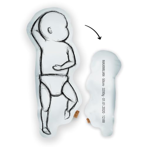 Mein Babykissen Personalisiertes Geburtskissen zur Geburt im 1:1 Maßstab | Mit Namen für Neugeborene | Erinnerungen in Originalgröße Jungen Mädchen (Sky Blue, 1:1 Maßstab ohne Gewicht, Scribble Three) von Mein Babykissen