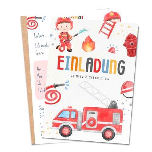MeinBaby123® 10 Einladungskarten Kindergeburtstag Jungs | Feuerwehr Geburtstagseinladungen für Kinder | Feuerwehr Einladungskarten | inkl. 10 Briefumschläge | Premium Qualität (Feuerwehr V3) von MeinBaby123