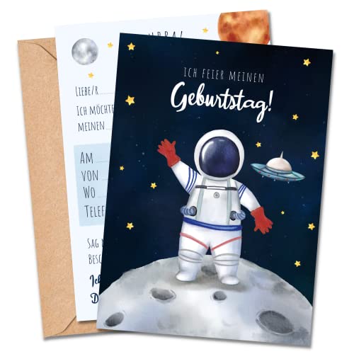 MeinBaby123® 10 Einladungskarten Kindergeburtstag Jungs | süße Geburtstagseinladungen für Kinder | Astronaut Einladungskarten | inkl. 10 Briefumschläge | Premium Qualität (Astronaut V1) von MeinBaby123