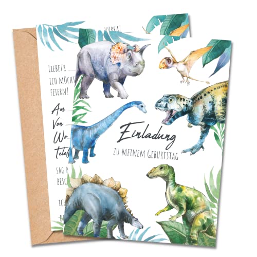MeinBaby123® 10 Einladungskarten Kindergeburtstag Jungs | süße Geburtstagseinladungen für Kinder | Dinosaurier Einladungskarten | inkl. 10 Briefumschläge | Premium Qualität (Dino V1) von MeinBaby123