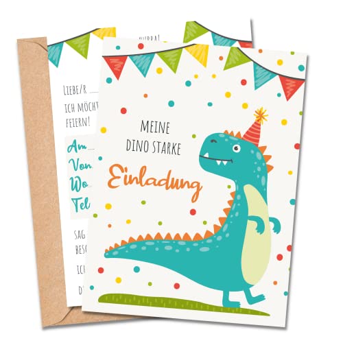 MeinBaby123® 10 Einladungskarten Kindergeburtstag Jungs | süße Geburtstagseinladungen für Kinder | Dinosaurier Einladungskarten | inkl. 10 Briefumschläge | Premium Qualität (Dino V2) von MeinBaby123