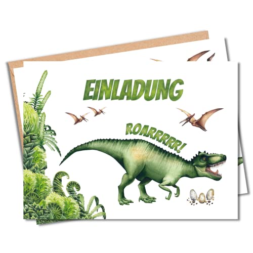 MeinBaby123® 10 Einladungskarten Kindergeburtstag Jungs | süße Geburtstagseinladungen für Kinder | Dinosaurier Einladungskarten | inkl. 10 Briefumschläge | Premium Qualität (Dino V3) von MeinBaby123