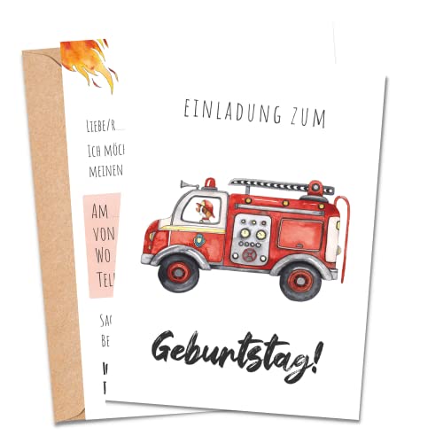MeinBaby123® 10 Einladungskarten Kindergeburtstag Jungs | süße Geburtstagseinladungen für Kinder | Feuerwehr Einladungskarten | inkl. 10 Briefumschläge | Premium Qualität (Feuerwehr V1) von MeinBaby123