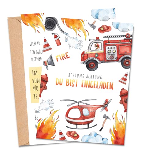 MeinBaby123® 10 Einladungskarten Kindergeburtstag Jungs | süße Geburtstagseinladungen für Kinder | Feuerwehr Einladungskarten | inkl. 10 Briefumschläge | Premium Qualität (Feuerwehr V2) von MeinBaby123