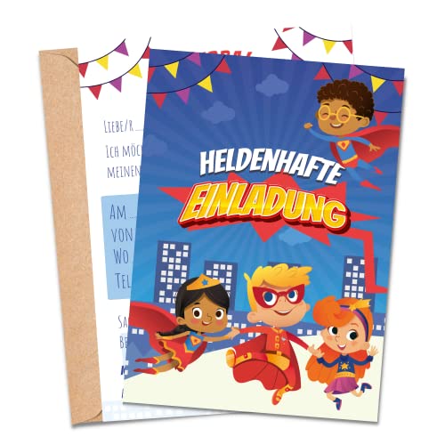MeinBaby123® 10 Einladungskarten Kindergeburtstag Jungs | süße Geburtstagseinladungen für Kinder | Superhelden Einladungskarten | inkl. 10 Briefumschläge | Premium Qualität (Superhelden V1) von MeinBaby123