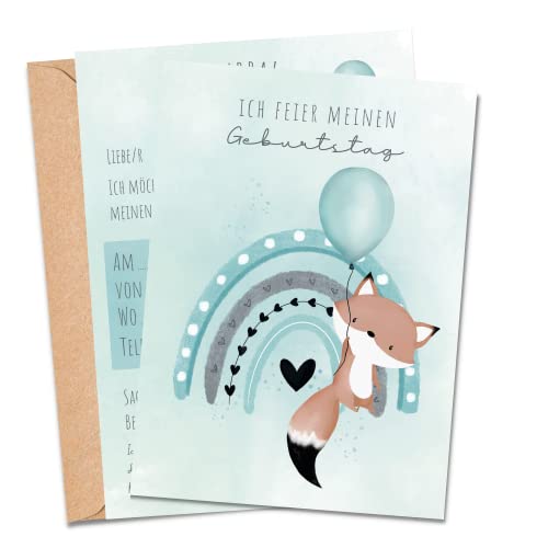 MeinBaby123® 10 Einladungskarten Kindergeburtstag Jungs und Mädchen | Geburtstagseinladungen für Kinder | inkl. 10 Briefumschläge | Premium Qualität (Fuchs türkis V2) von MeinBaby123