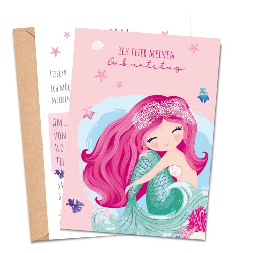 MeinBaby123® 10 Einladungskarten Kindergeburtstag Mädchen | Geburtstagseinladungen für Kinder | Meerjungfrau Einladungskarten | inkl. 10 Briefumschläge | Premium Qualität (Meerjungfrau V3) von MeinBaby123