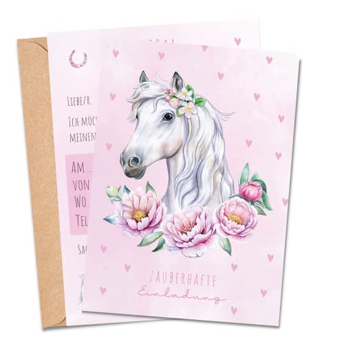 MeinBaby123® 10 Einladungskarten Kindergeburtstag Mädchen | Geburtstagseinladungen für Kinder | Pferde Einladungskarten | inkl. 10 Briefumschläge | Premium Qualität (Pferd V1) von MeinBaby123