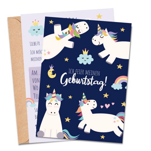 MeinBaby123® 10 Einladungskarten Kindergeburtstag Mädchen | süße Geburtstagseinladungen für Kinder | Einhorn Einladungskarten | inkl. 10 Briefumschläge | Premium Qualität (Einhorn V2) von MeinBaby123