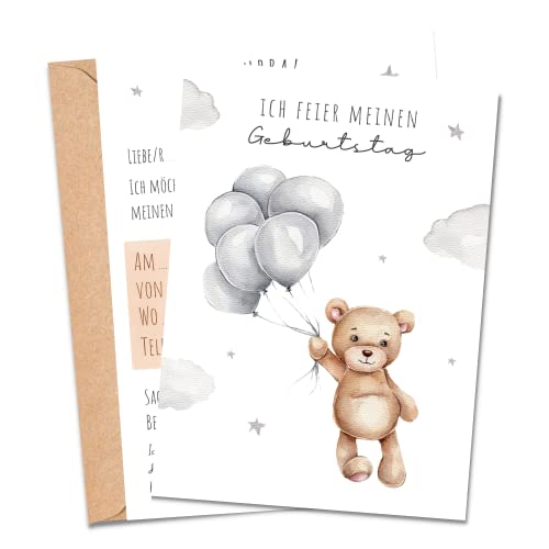 MeinBaby123® 10 Einladungskarten Kindergeburtstag Mädchen und Jungs | süße Geburtstagseinladungen für Kinder | Bär Einladungskarten | inkl. 10 Briefumschläge | Premium Qualität (Bär V1) von MeinBaby123