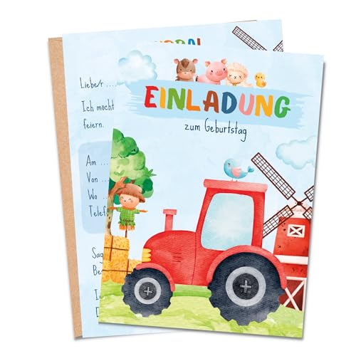 MeinBaby123® 10 Einladungskarten Kindergeburtstag für Jungs | Bauernhof Geburtstagseinladungen für Kinder | Traktor Einladungskarten | inkl. 10 Briefumschläge | Premium Qualität (Bauernhof V2) von MeinBaby123