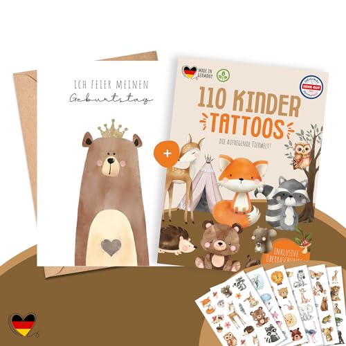 MeinBaby123® 10 Kinder Einladungskarten und 110 hautfreundliche Kindertattoos im Bundle, Geburtstagseinladungen für Kinder Bär inkl. 10 Briefumschläge & 110 Hauttattoos (02 - Bär) von MeinBaby123