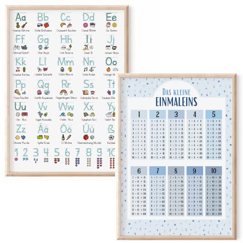 MeinBaby123® 2er Set DIN A4 ABC Lernposter Grundschrift und 1x1 Poster | Einmaleins Trainer für Kinder | geeignet für Kindergarten, Vorschule, Grundschule | inkl. Übungsblätter (2er Set - blau A4) von MeinBaby123