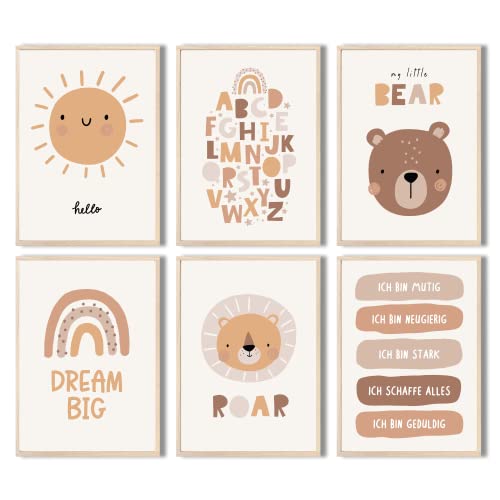 MeinBaby123® 6er Set DIN A4 Wandbilder | Kinderzimmer Poster | Deko Bilder | Affirmationen | ABC Poster | Babyzimmer Deko (Süße Tiere V1) von MeinBaby123