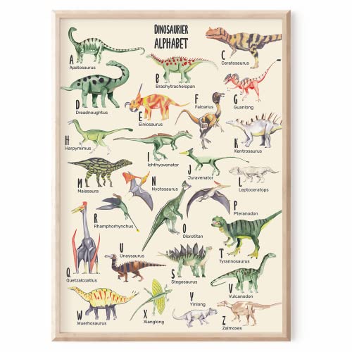 MeinBaby123® ABC Dino Poster Kinderzimmer DIN A2 | Dinosaurier Poster Alphabet Lernposter | Bilder Kinderzimmer für Jungen | Dino Deko Kinderzimmer (Dino ABC Poster - 1) von MeinBaby123