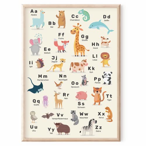 MeinBaby123® ABC Poster fürs Kinderzimmer | Alphabet Poster DIN A2 I Tier Lernposter mit Buchstaben | geeignet für Kindergarten, Vorschule, Grundschule | Wandposter Premium (Tiere Alphabet 1) von MeinBaby123