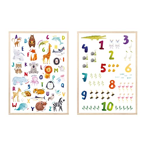 MeinBaby123® Bilder Kinderzimmer | 2er Set A4 Poster Set | Alphabet ABC Lernposter Zahlen mit Tiere | Deko Kinderzimmer Babyzimmer | Wandposter Premium (Alphabet & Zahlen - Set 1) von MeinBaby123