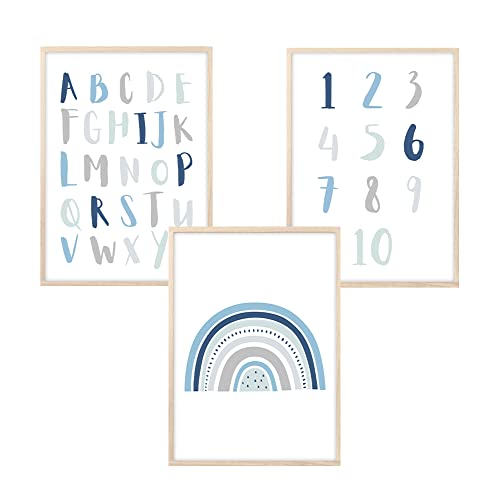 MeinBaby123® Bilder Kinderzimmer | 3er Set A4 Poster | Alphabet ABC Lernposter Zahlen Regenbogen | Deko Kinderzimmer Jungen | Babyzimmer | Wandposter Premium (ABC, Regenbogen, Zahlen - blau) von MeinBaby123