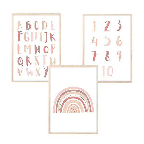 MeinBaby123® Bilder Kinderzimmer | 3er Set A4 Poster | Alphabet ABC Lernposter Zahlen Regenbogen | Deko Kinderzimmer Mädchen | Babyzimmer | Wandposter Premium(ABC, Regenbogen, Zahlen - rosa) von MeinBaby123