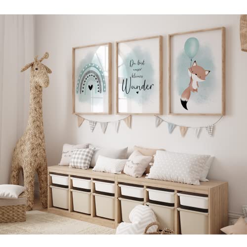 MeinBaby123® Bilder Kinderzimmer | 3er Set DIN A2 Poster Set | Kinderzimmer Poster | Deko Bilder Kinderzimmer Mädchen und Jungen | Babyzimmer Deko (Fuchs & Luftballon mint A2) von MeinBaby123