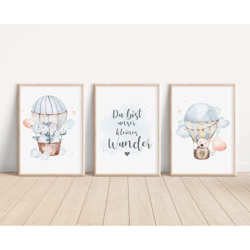 MeinBaby123® Bilder Kinderzimmer | 3er Set DIN A4 | Kinderzimmer Poster | Deko Bilder Kinderzimmer | Babyzimmer Deko Regenbogen | Taufgeschenk, Geschenk zur Geburt (Elefant & KrokoV1) von MeinBaby123